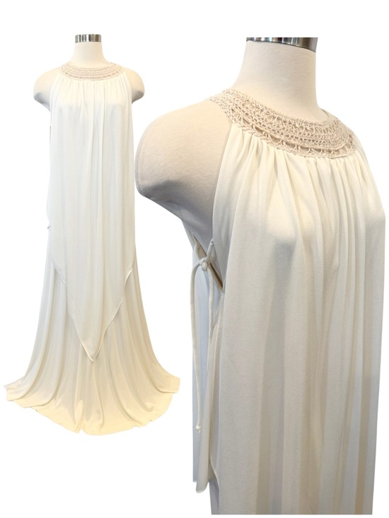 Vintage Dresses & Skirts - Joseph Magnin Silky Satin Ivory Vintage Goddess Maxi Gown Halter Kaftan Dress